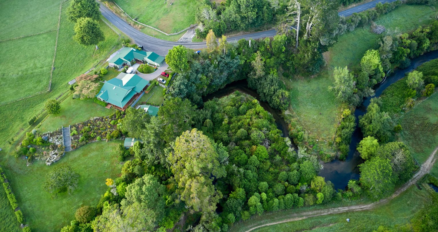 Aerial view trout fishing stream Rotorua